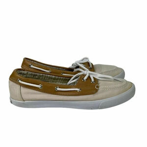 Tommy Hilfiger Boat Shoes Flats Womens Sz 7M Beige Slip On Round Toe Bow Fabric